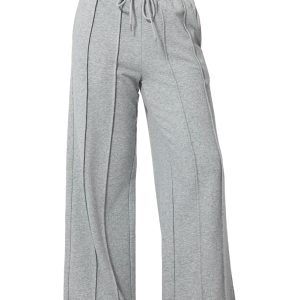 Women's Gray Seamed Drawstring High Waist Wide Leg Sweatpants - Main View