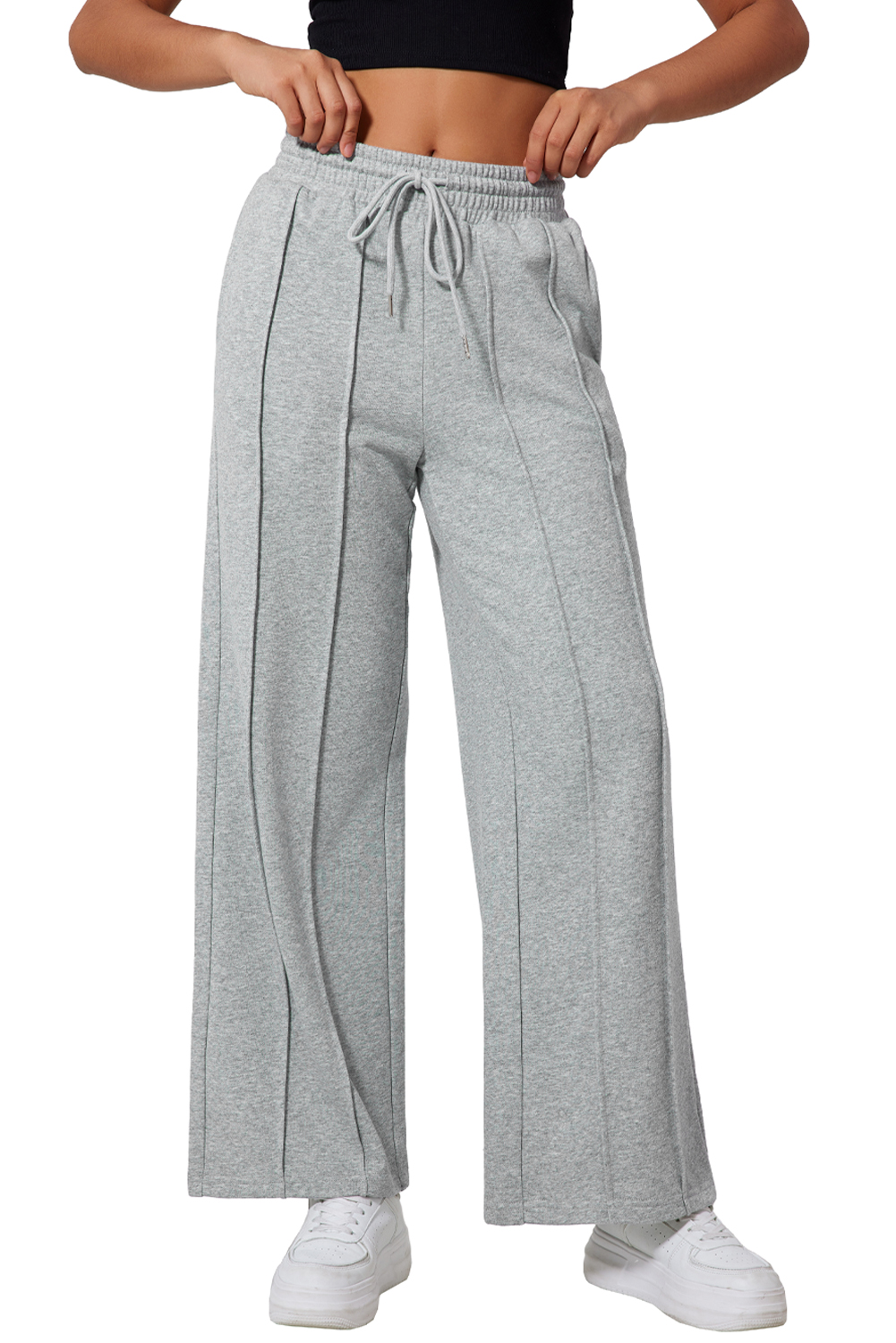 Women's Gray Seamed Drawstring High Waist Wide Leg Sweatpants - Main View Women's Gray Seamed Drawstring High Waist Wide Leg Sweatpants - Main View