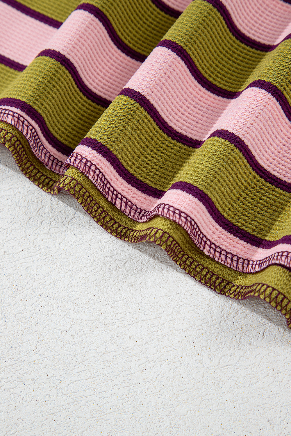 Casual Spinach Green Long Sleeve Top - Trendy Striped Pattern & Waffle Texture - Detail View 14 Casual Spinach Green Long Sleeve Top - Trendy Striped Pattern & Waffle Texture - Detail View 14
