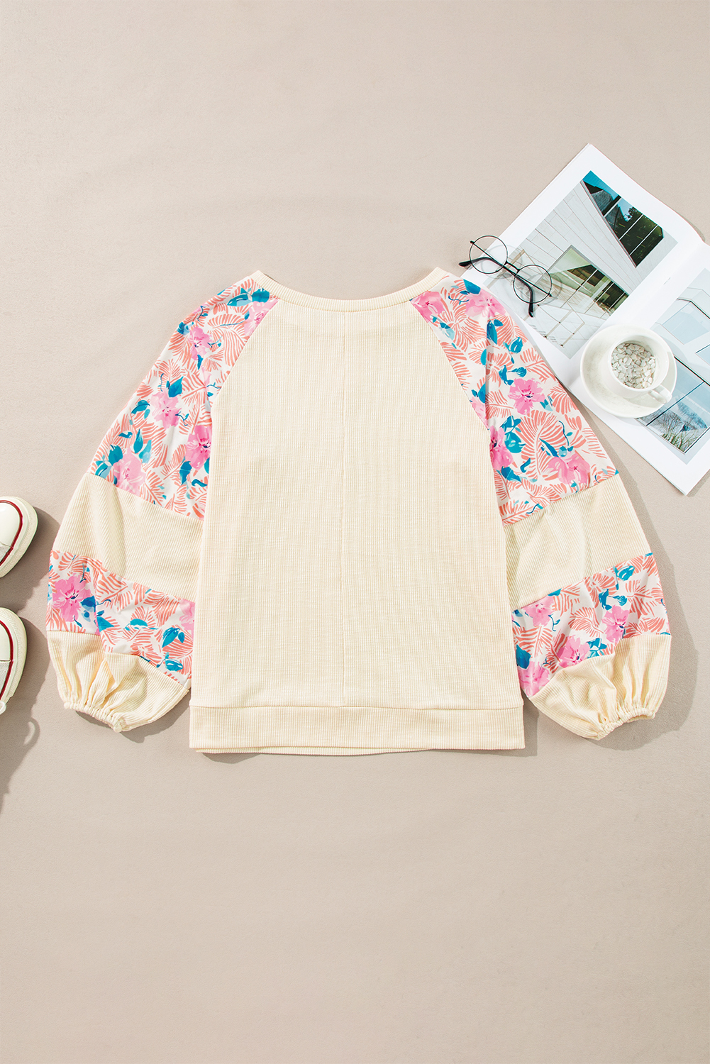 Elegant Long Sleeve Blouse: Apricot Floral Patchwork Design - Detail View 7 Elegant Long Sleeve Blouse: Apricot Floral Patchwork Design - Detail View 7