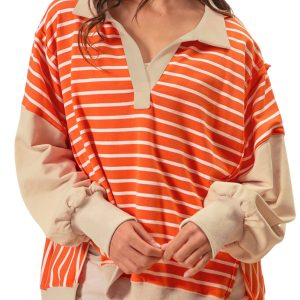 Women's Orange Stripe Color Block Loose Fit Collared Sweatshirt - Main View