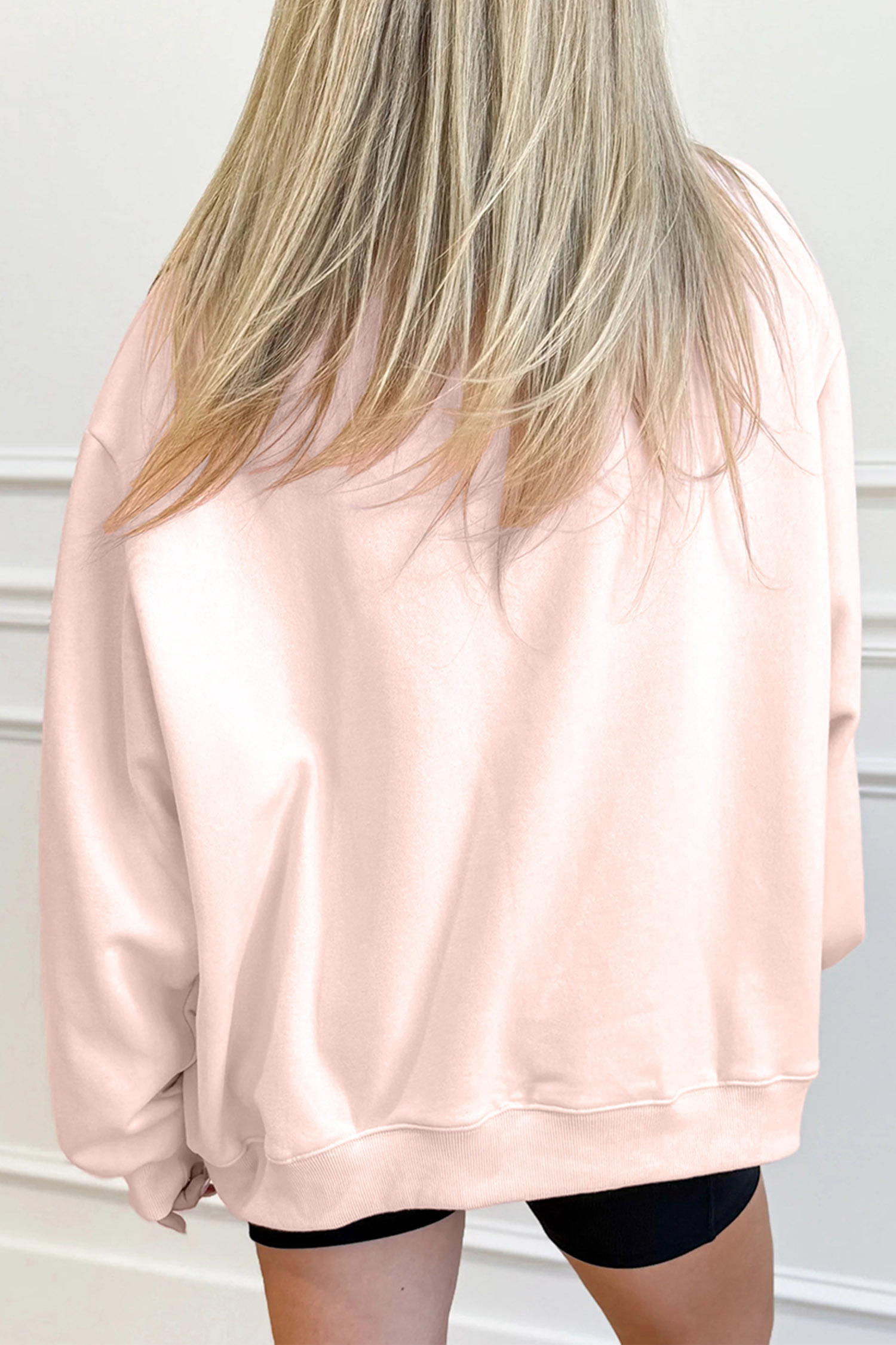 Fall Graphic Mock Neck Sweatshirt, Light Pink Casual Pullover - Detail View 2 Fall Graphic Mock Neck Sweatshirt, Light Pink Casual Pullover - Detail View 2