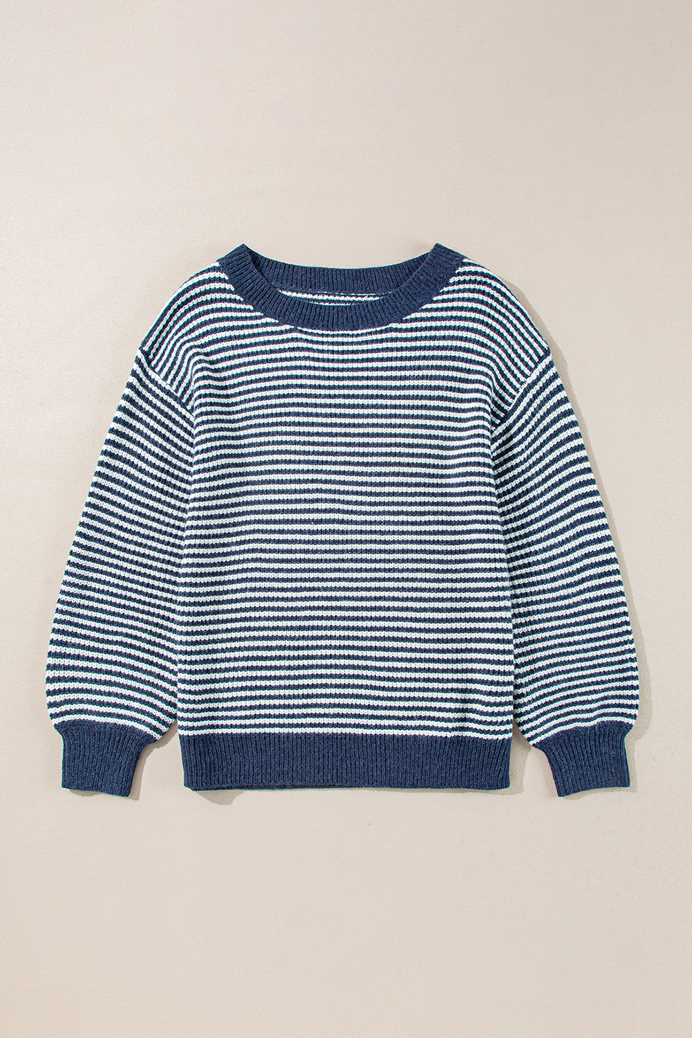 Women's Striped Lantern Sleeve Drop Shoulder Cozy Sweater - Sail Blue - Detail View 6 Women's Striped Lantern Sleeve Drop Shoulder Cozy Sweater - Sail Blue - Detail View 6
