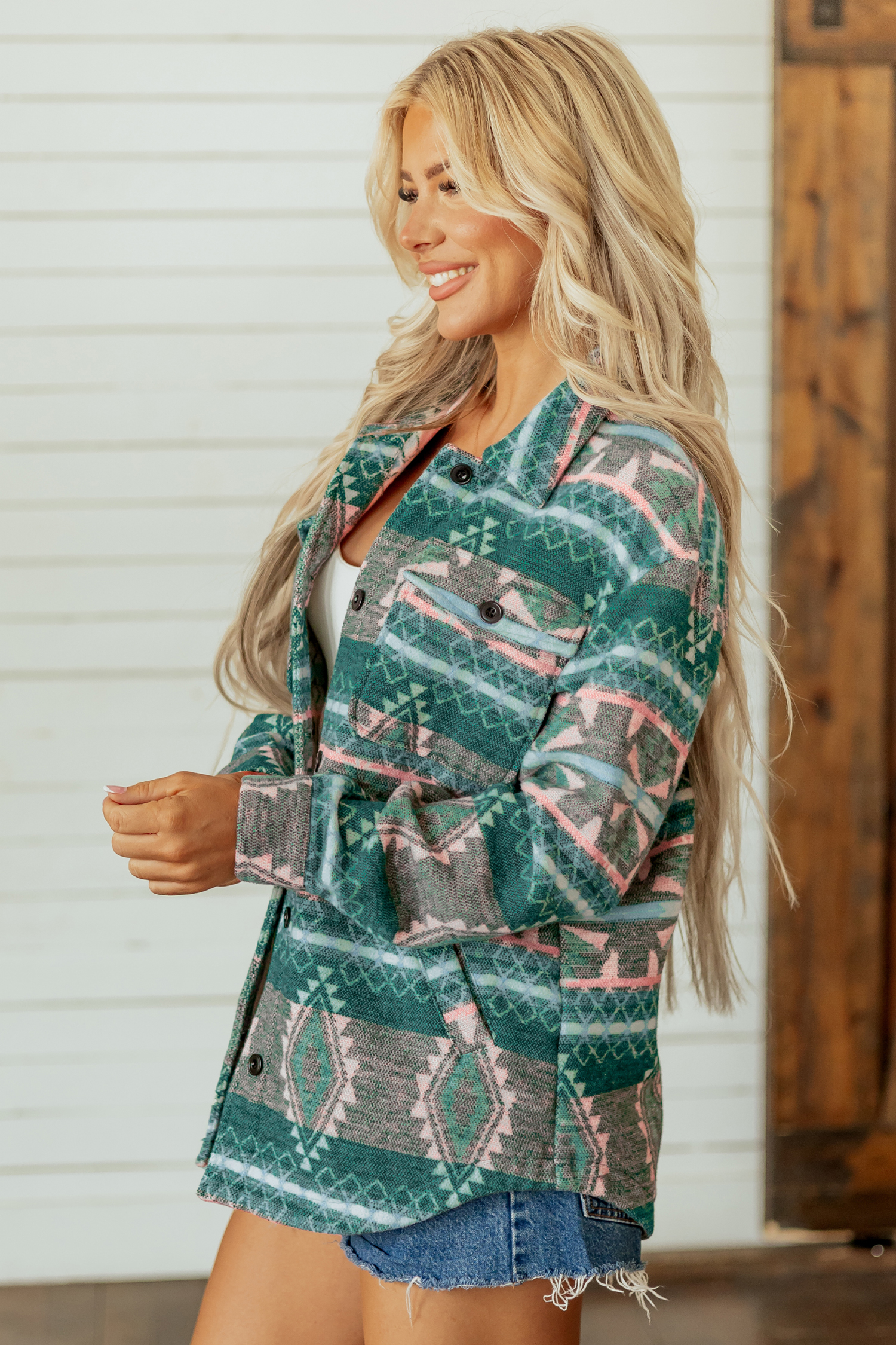 Women's Cozy Winter Shacket, Green Aztec Long Sleeve Jacket - Detail View 3 Women's Cozy Winter Shacket, Green Aztec Long Sleeve Jacket - Detail View 3