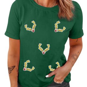 Women's Green Christmas Reindeer Antler Graphic Tee - Casual Holiday Top - Main View