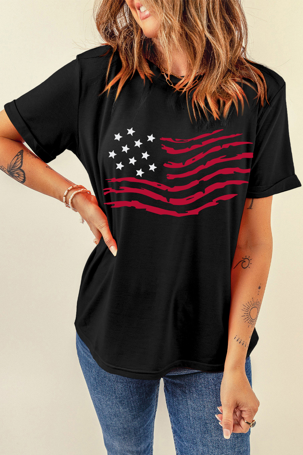 Women's Trendy American Flag Graphic Crew Neck T-Shirt - Detail View 6 Women's Trendy American Flag Graphic Crew Neck T-Shirt - Detail View 6