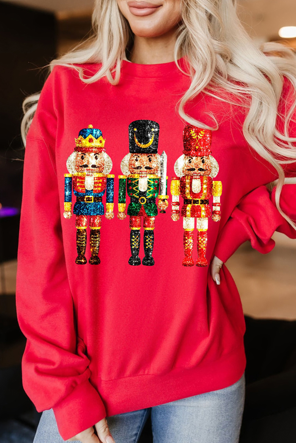 Festive Long Sleeve Sweatshirt with Dazzling Nutcracker Design for Holiday Cheer - Detail View 2 Festive Long Sleeve Sweatshirt with Dazzling Nutcracker Design for Holiday Cheer - Detail View 2
