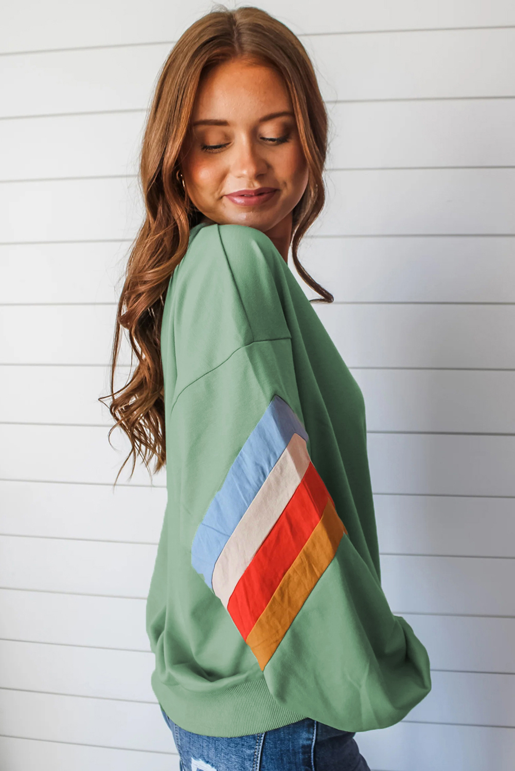 statement piece for Your Closet - Women's Crew Neck Sweatshirt with Vibrant Stripe Pattern - Detail View 3 statement piece for Your Closet - Women's Crew Neck Sweatshirt with Vibrant Stripe Pattern - Detail View 3