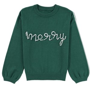 Women's Blackish Green Pearl Beaded Merry Christmas Casual Sweater - Main View