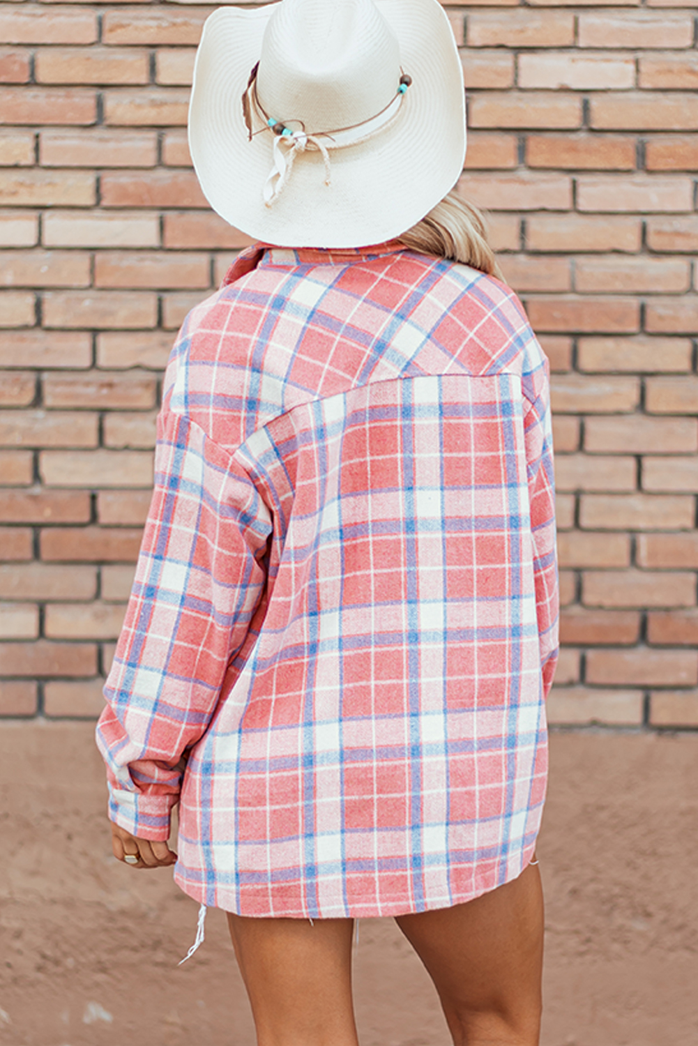 Classic Long Sleeve Plaid Shacket - Pink Color for Fall & Autumn - Detail View 2 Classic Long Sleeve Plaid Shacket - Pink Color for Fall & Autumn - Detail View 2