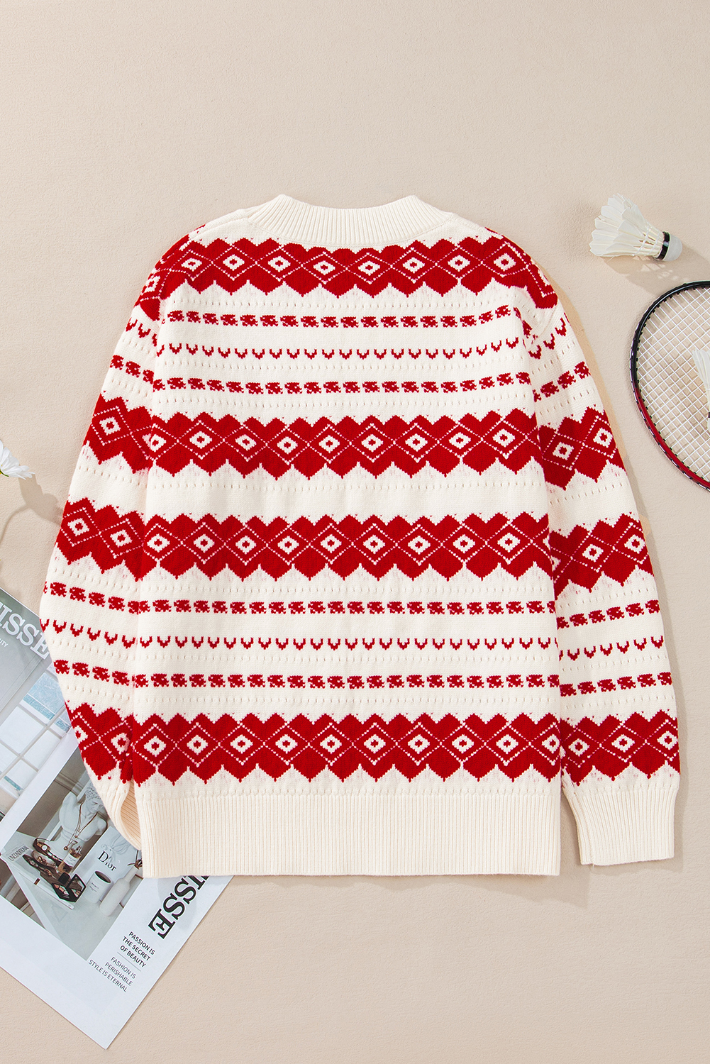 Trendy Holiday Sweater: White Geometric Pattern with Red Accents and Slouched Silhouette - Detail View 7 Trendy Holiday Sweater: White Geometric Pattern with Red Accents and Slouched Silhouette - Detail View 7