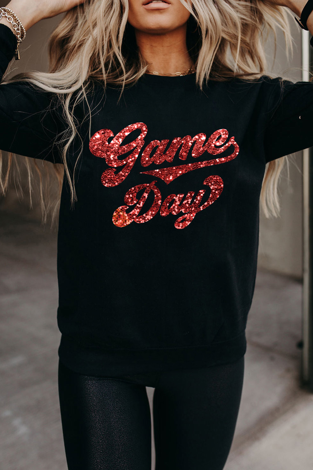 Trendy Black Graphic Sweatshirt with Dropped Sleeves - Perfect for Game Day - Detail View 6 Trendy Black Graphic Sweatshirt with Dropped Sleeves - Perfect for Game Day - Detail View 6