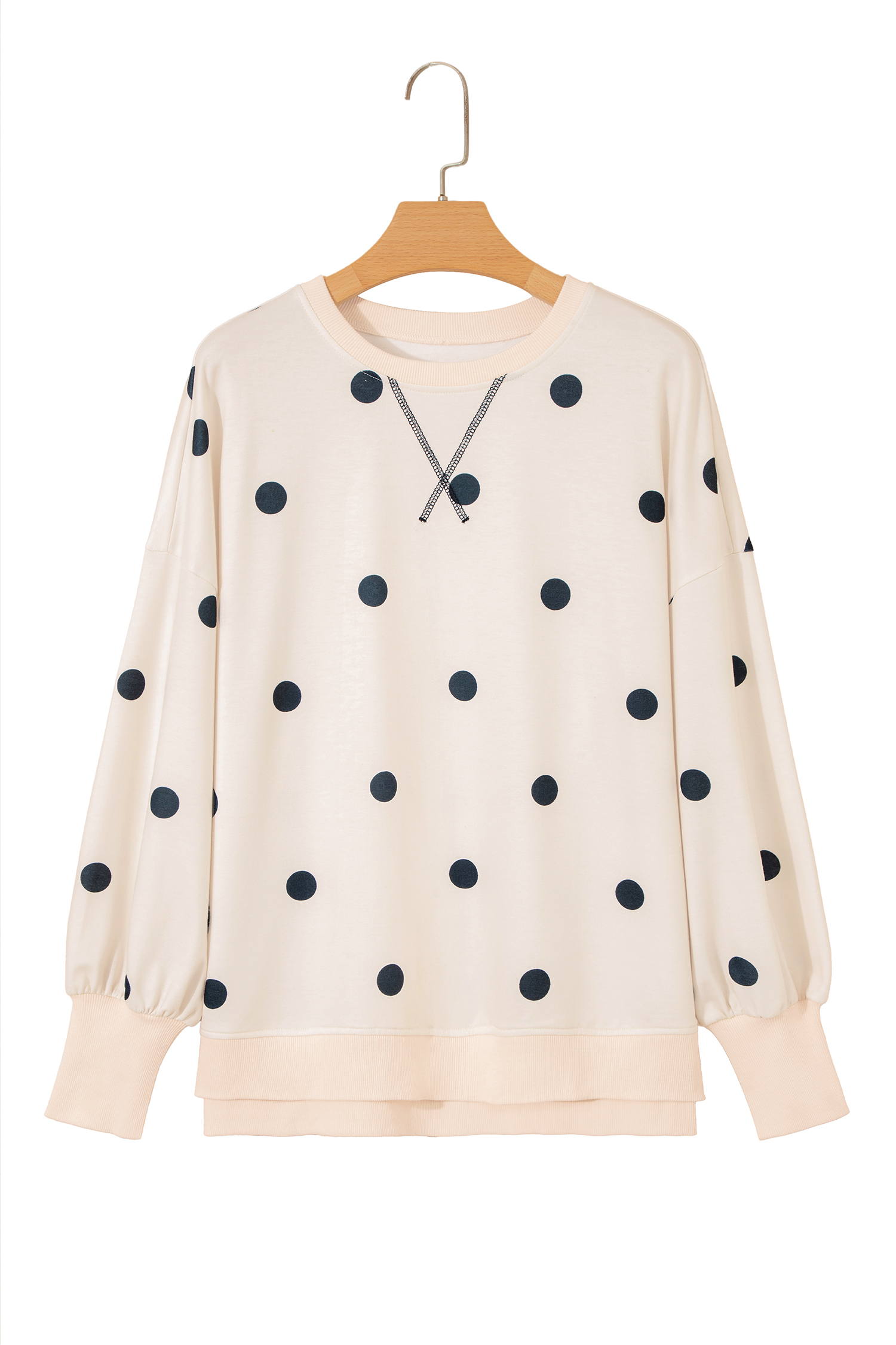 Beige Polka Dot Sweatshirt, Relaxed Round Neck Split Hem Top - Detail View 8 Beige Polka Dot Sweatshirt, Relaxed Round Neck Split Hem Top - Detail View 8