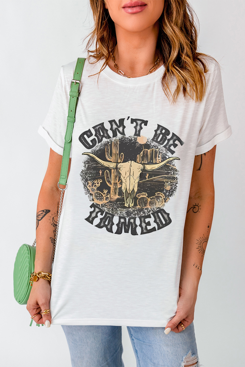 Women's White Cant Be Tamed Western Steer Head Crew Neck T-Shirt - Detail View 6 Women's White Cant Be Tamed Western Steer Head Crew Neck T-Shirt - Detail View 6