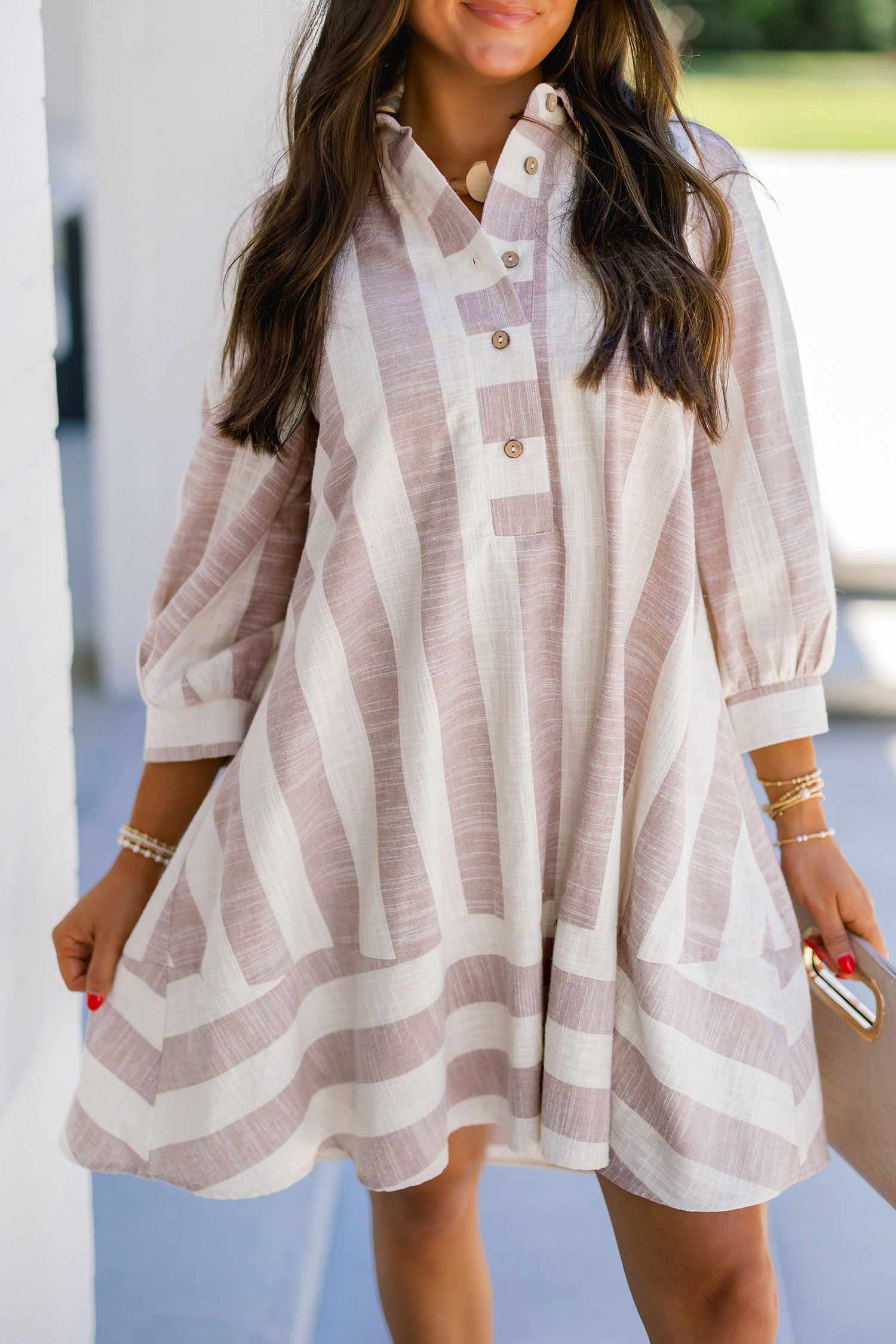 Short Striped Button Up Dress, Relaxed Khaki Autumn Apparel - Detail View 5 Short Striped Button Up Dress, Relaxed Khaki Autumn Apparel - Detail View 5