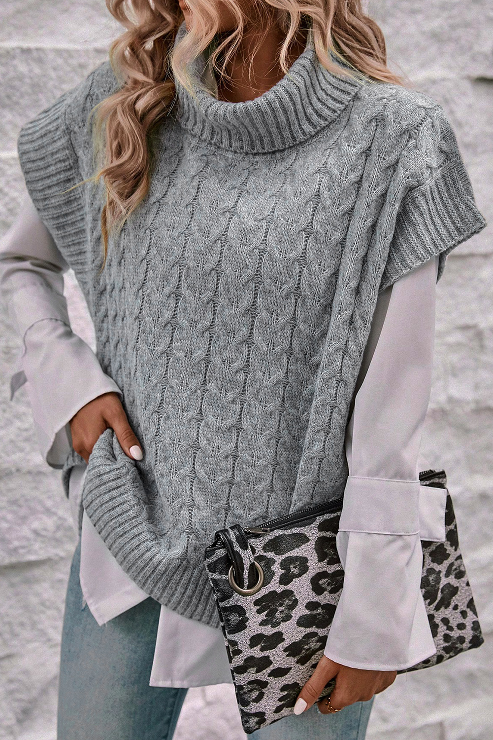 Women's Cable Knit Sweater, Grey Short Sleeve Turtleneck Top - Detail View 7 Women's Cable Knit Sweater, Grey Short Sleeve Turtleneck Top - Detail View 7