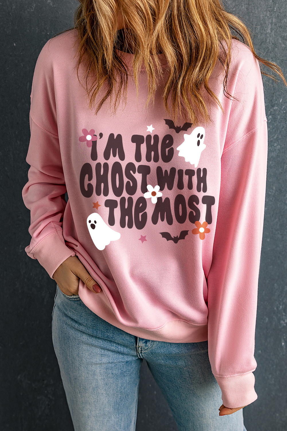 Spooky Cute Halloween Sweatshirt for Women - Pink with Ghost and Slogan Graphic - Detail View 7 Spooky Cute Halloween Sweatshirt for Women - Pink with Ghost and Slogan Graphic - Detail View 7