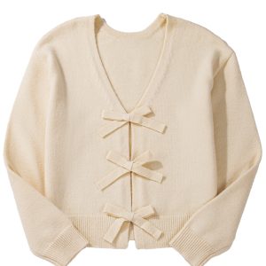 Elegant Women's Jet Stream Bowknot Front Loose V Neck Knitted Cardigan - Main View