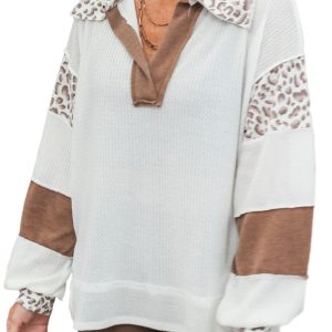 Women's White Leopard Patchwork Oversized Waffle Top - Main View