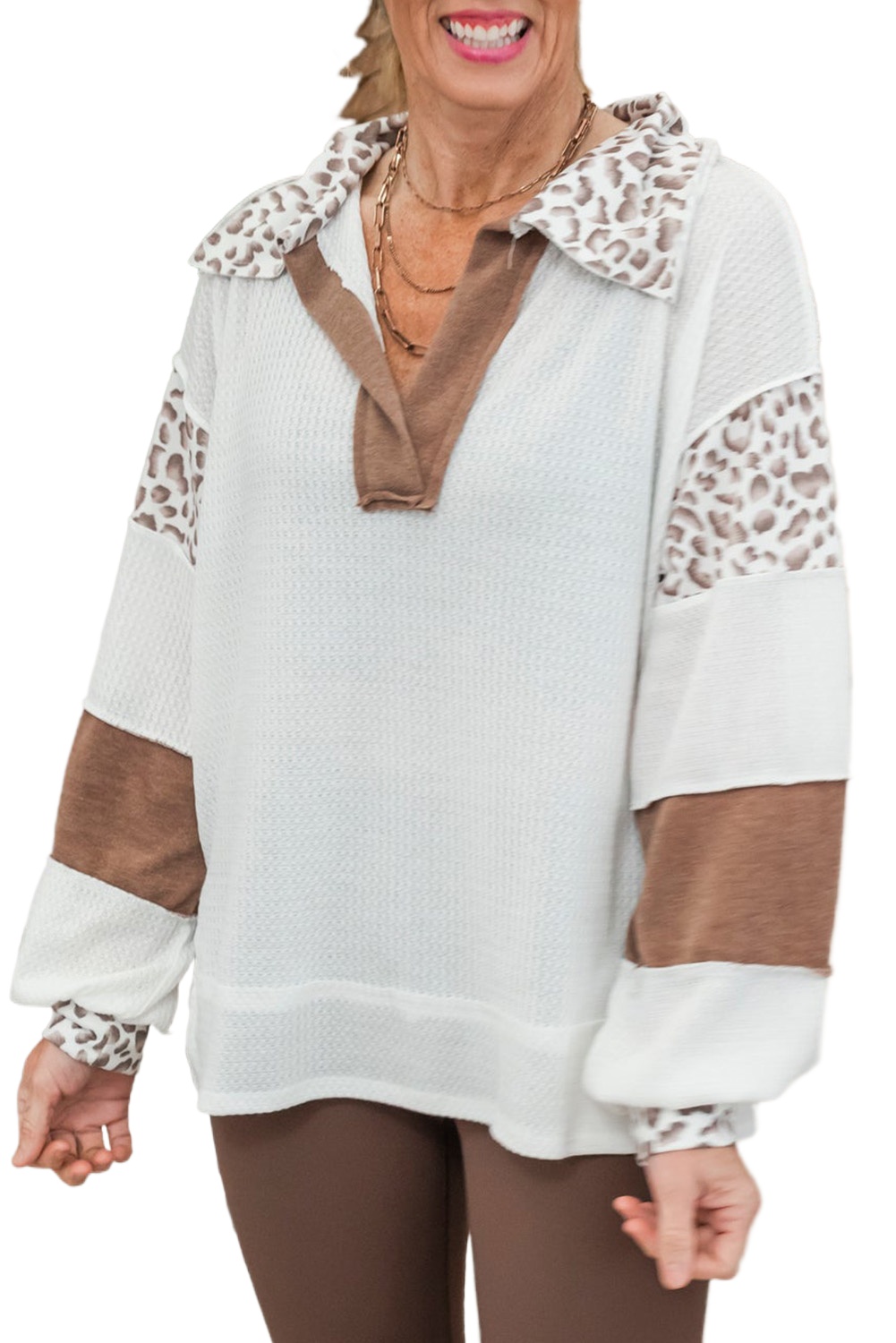 Women's White Leopard Patchwork Oversized Waffle Top - Main View Women's White Leopard Patchwork Oversized Waffle Top - Main View