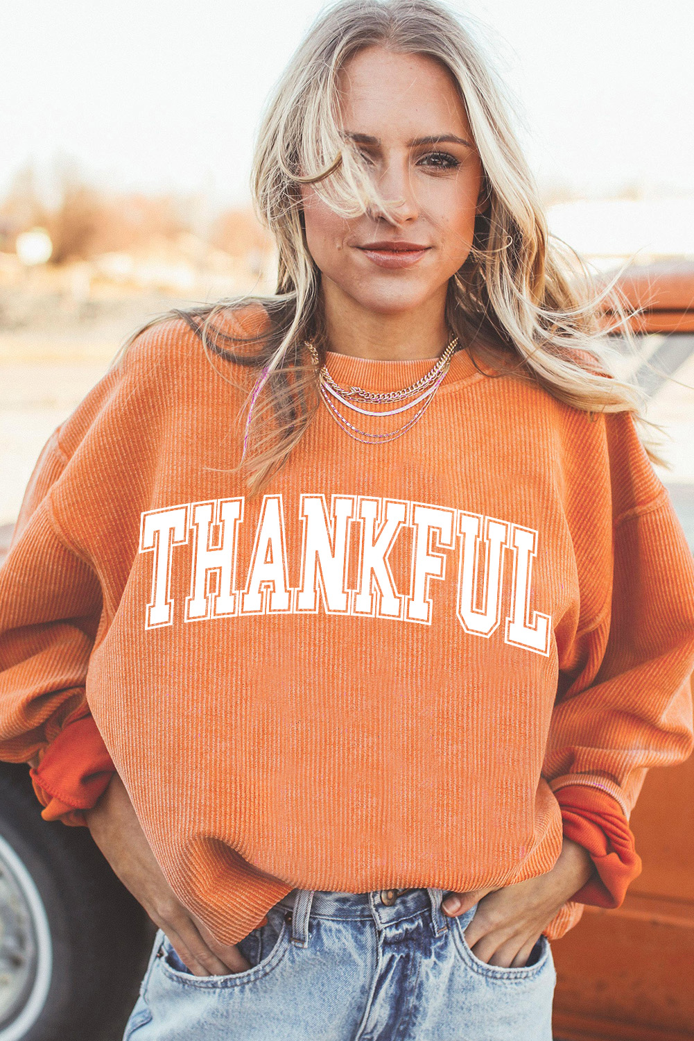 Women's THANKFUL Orange Ribbed Crew Neck Pullover Sweatshirt - Detail View 6 Women's THANKFUL Orange Ribbed Crew Neck Pullover Sweatshirt - Detail View 6