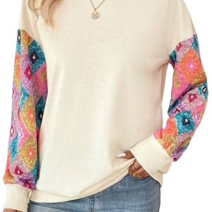 Women's Apricot Geometric Printed Patchwork Long Sleeve Round Neck Top - Main View