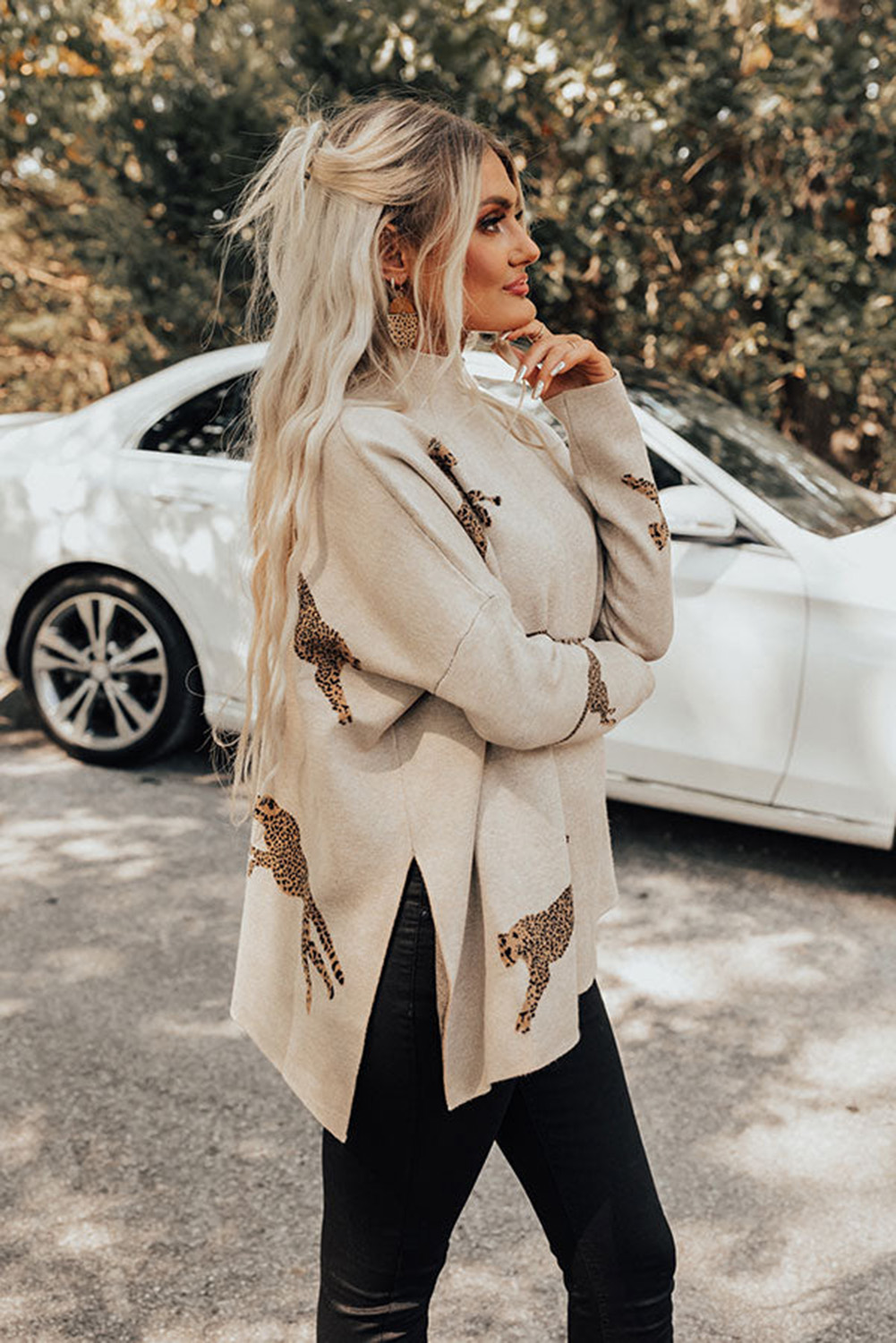 Women's Cheetah Print Sweater, Casual High Neck Long Sleeve - Detail View 4 Women's Cheetah Print Sweater, Casual High Neck Long Sleeve - Detail View 4