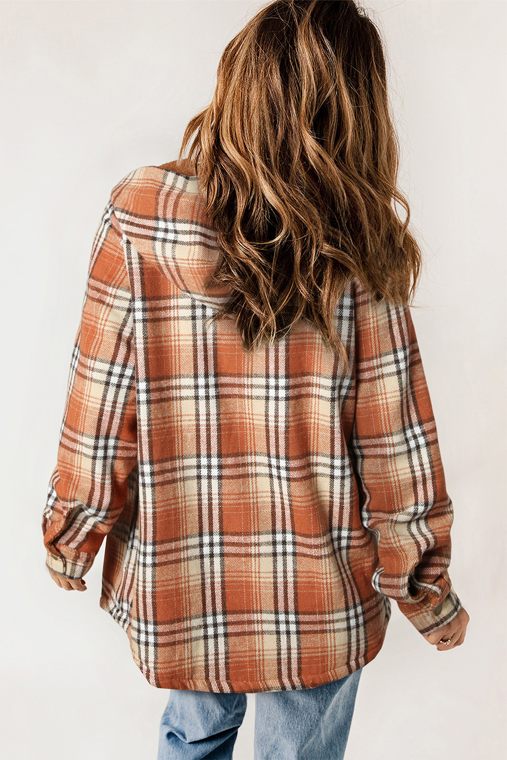 Sherpa Lined Plaid Jacket, Long Sleeve Daily Casual Shacket - Detail View 3 Sherpa Lined Plaid Jacket, Long Sleeve Daily Casual Shacket - Detail View 3