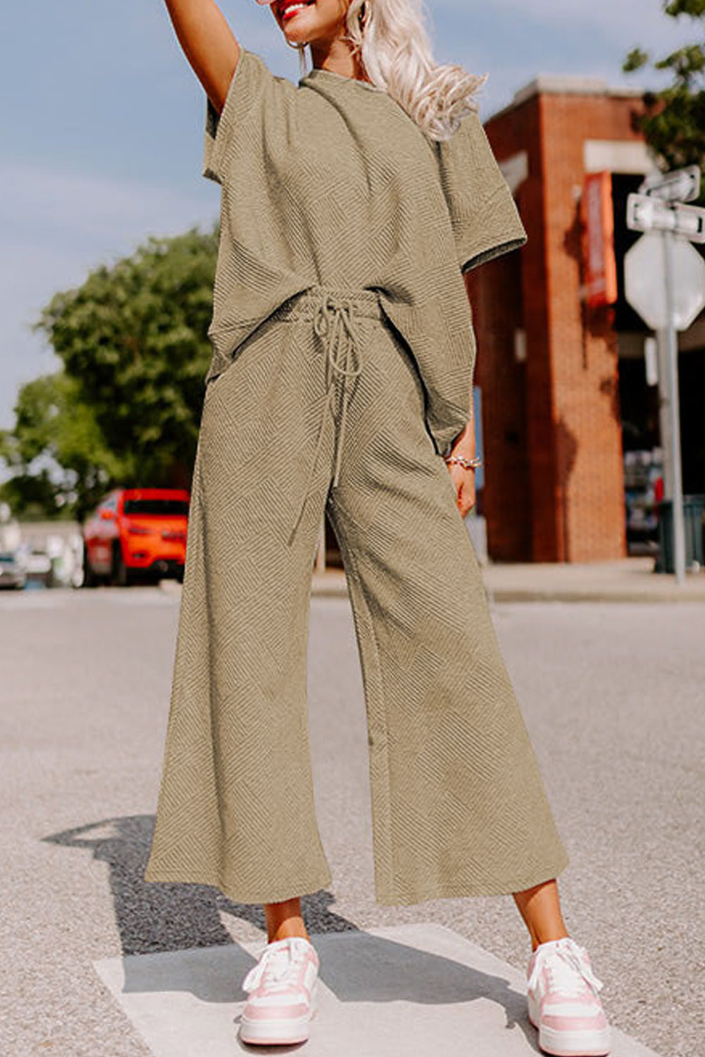 Apricot Wide Leg Lounge Set, Relaxed Drawstring Pants Outfit - Detail View 2 Apricot Wide Leg Lounge Set, Relaxed Drawstring Pants Outfit - Detail View 2