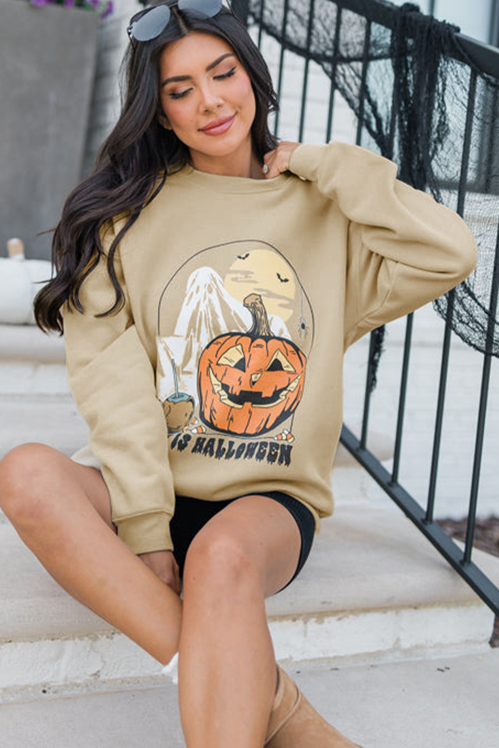 Comfortable and Stylish Halloween Crewneck - Parchment Color, Long Sleeve - Detail View 3 Comfortable and Stylish Halloween Crewneck - Parchment Color, Long Sleeve - Detail View 3