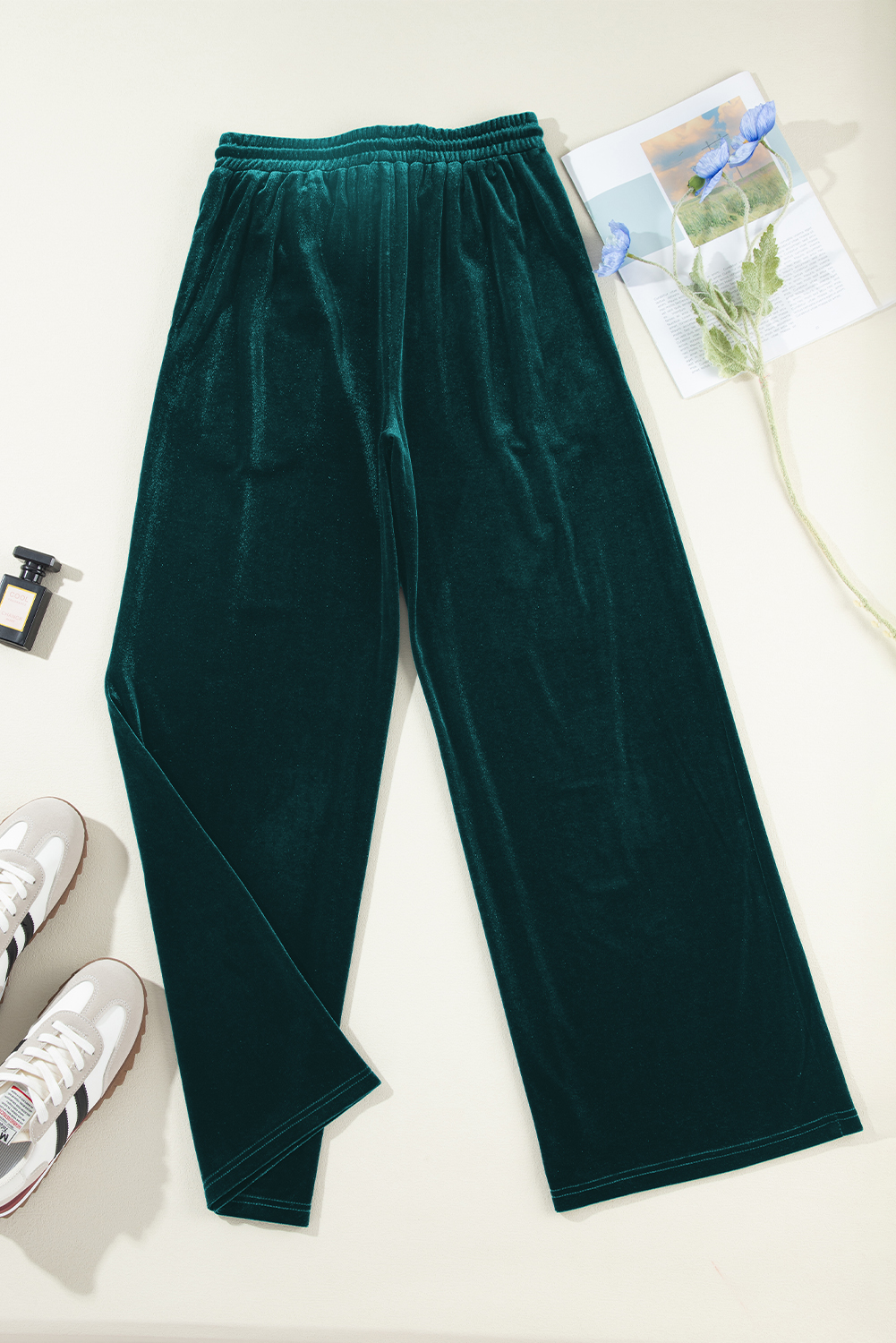 Women's Evergreen Solid Wide Leg Pants with Drawstring Waist - Detail View 16 Women's Evergreen Solid Wide Leg Pants with Drawstring Waist - Detail View 16