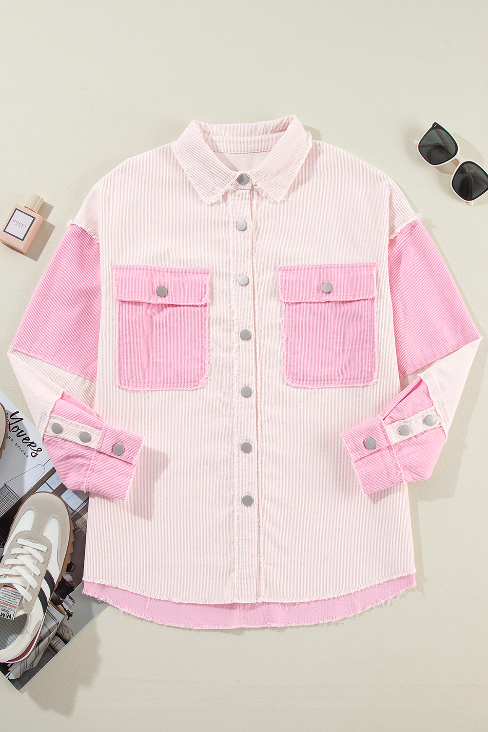 Stylish Corduroy Shacket: Two-Tone Color Blocking, Exposed Seams - Detail View 7 Stylish Corduroy Shacket: Two-Tone Color Blocking, Exposed Seams - Detail View 7
