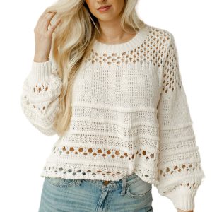 Women's Pointelle Knit Sweater, Elegant Puff Sleeve Pullover - Main View