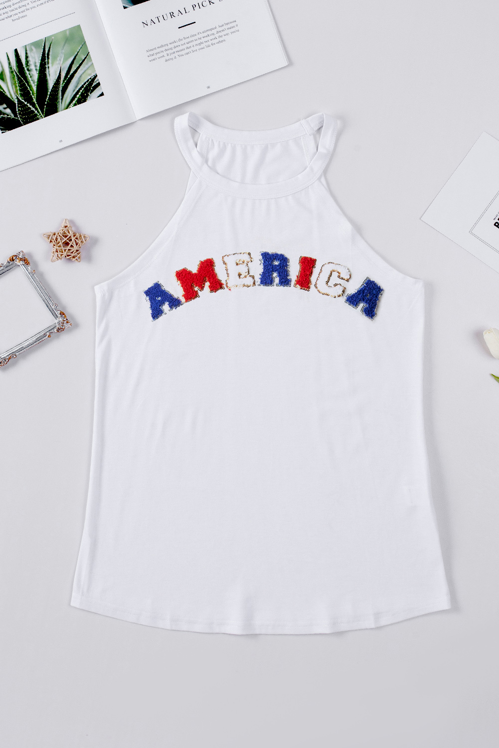 Women's White Chenille AMERICA Graphic Tank Top - Detail View 6 Women's White Chenille AMERICA Graphic Tank Top - Detail View 6