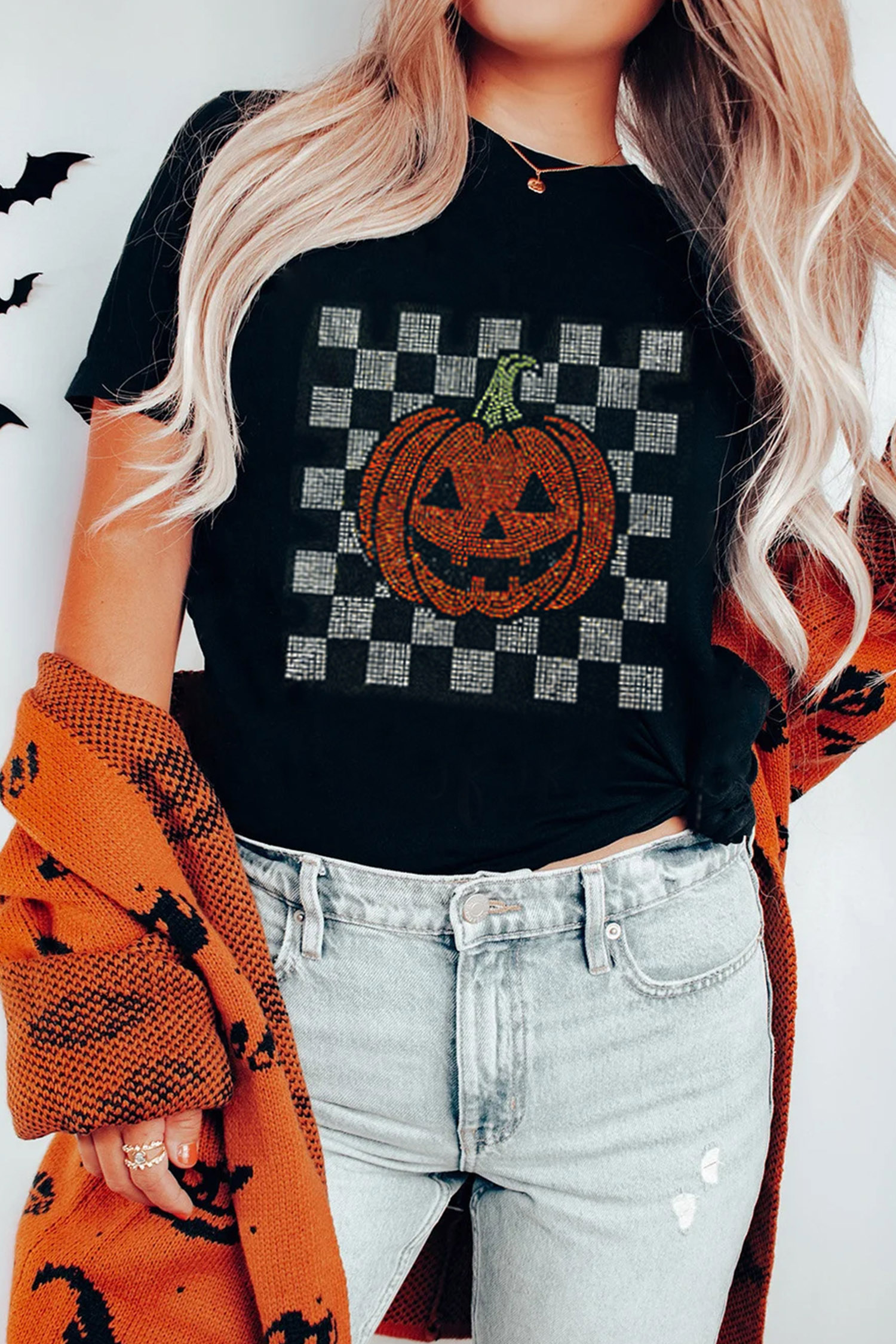Rhinestone Pumpkin Graphic Tee, Halloween Print Women Top - Detail View 2 Rhinestone Pumpkin Graphic Tee, Halloween Print Women Top - Detail View 2