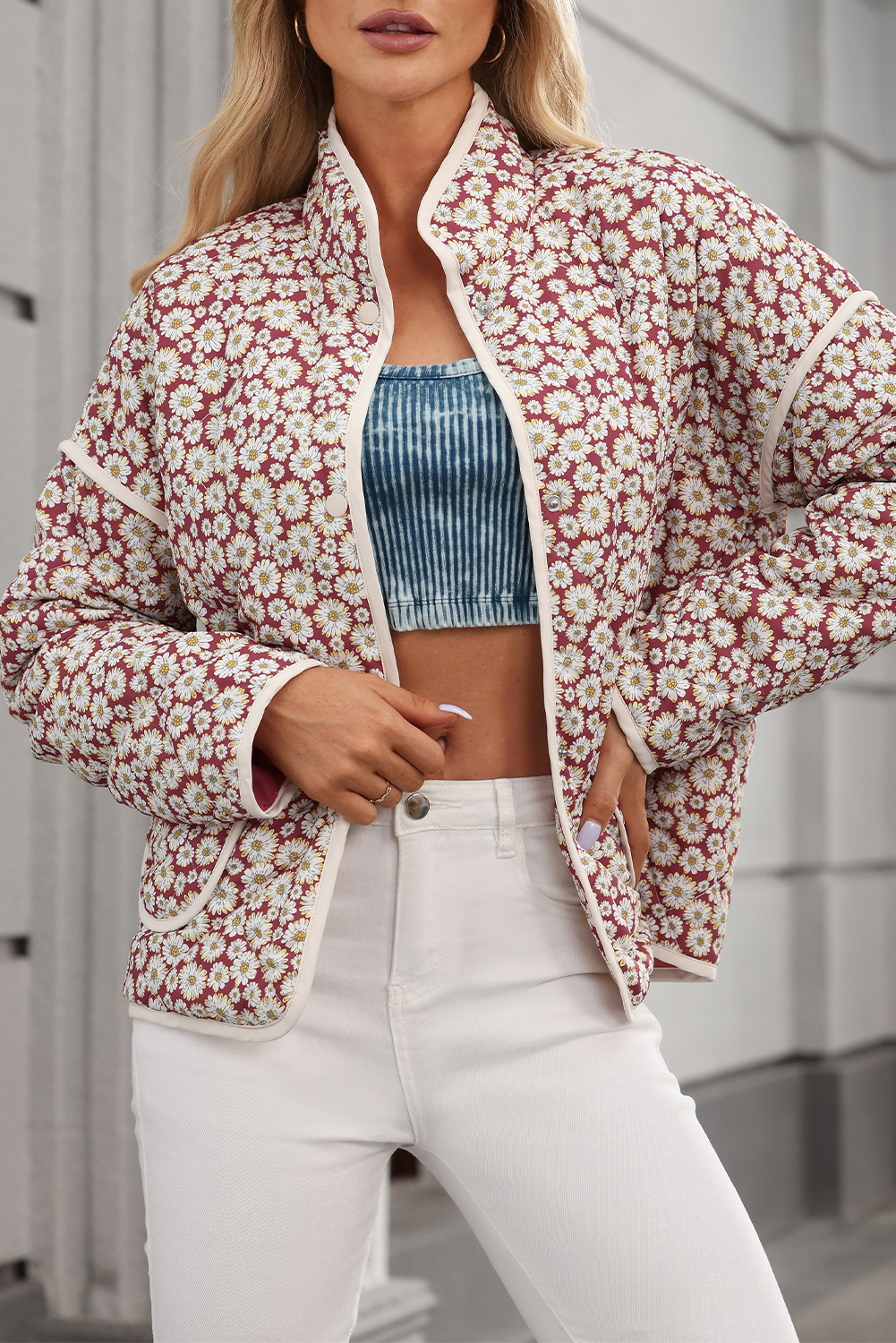 Stay Warm and Stylish in this Long Sleeve Stand Neck Coat - Pink Floral Print - Detail View 3 Stay Warm and Stylish in this Long Sleeve Stand Neck Coat - Pink Floral Print - Detail View 3