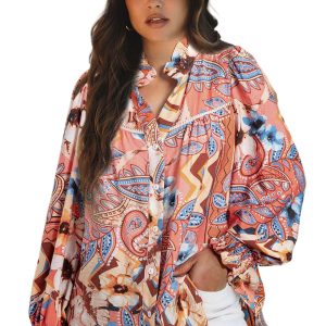 Women's Orange Floral Print Shirred Cuff Buttoned Loose Shirt - Chic Bohemian Style - Main View