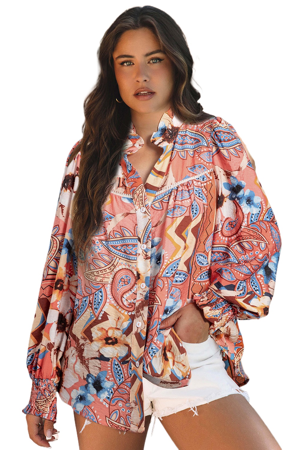 Women's Orange Floral Print Shirred Cuff Buttoned Loose Shirt - Chic Bohemian Style - Main View Women's Orange Floral Print Shirred Cuff Buttoned Loose Shirt - Chic Bohemian Style - Main View