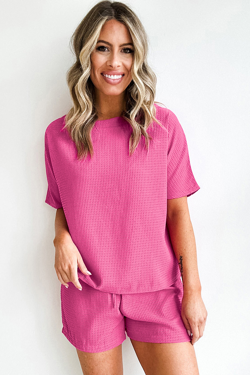 Casual Summer Lounge Set, Women's Textured Tee and Shorts - Detail View 6 Casual Summer Lounge Set, Women's Textured Tee and Shorts - Detail View 6