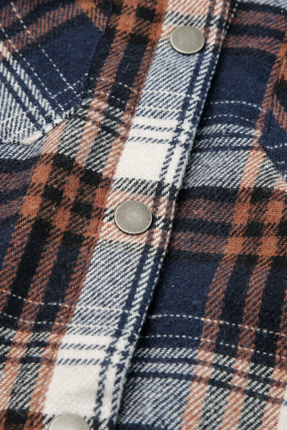 Blue Plaid Long Sleeve Shacket, Cozy Winter Hooded Jacket - Detail View 11 Blue Plaid Long Sleeve Shacket, Cozy Winter Hooded Jacket - Detail View 11