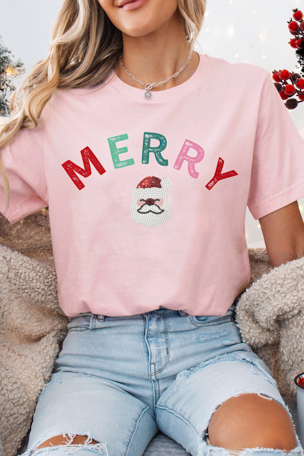 Festive Casual Round Neck Tee with Glittering Santa Claus Design - Pink - Detail View 2 Festive Casual Round Neck Tee with Glittering Santa Claus Design - Pink - Detail View 2
