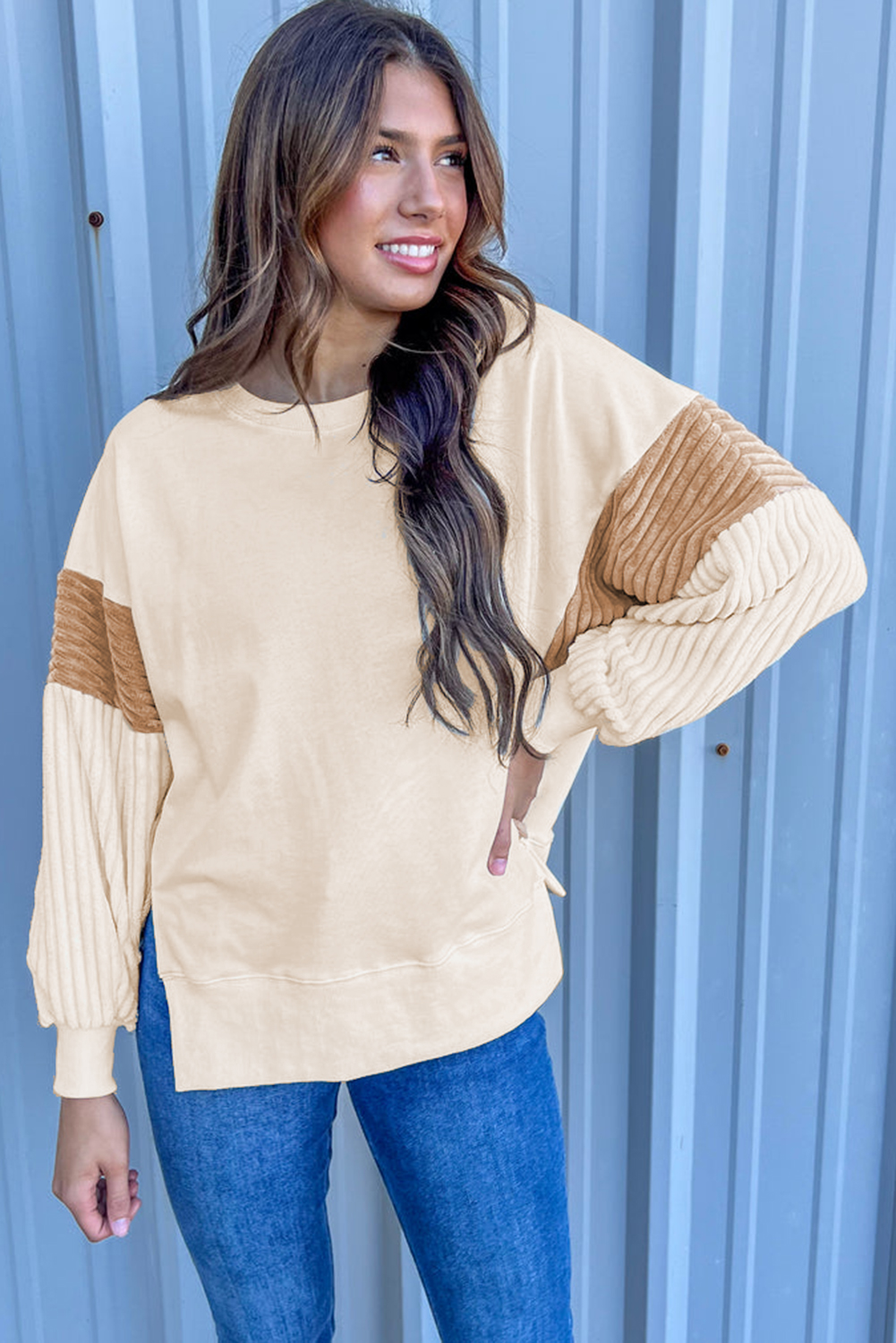 Stylish Casual Sweatshirt: Corduroy Patchwork Sleeves, Apricot - Detail View 7 Stylish Casual Sweatshirt: Corduroy Patchwork Sleeves, Apricot - Detail View 7