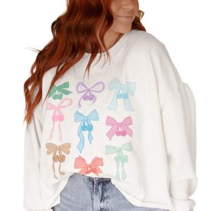 Women's White Bowknot Pattern Drop Shoulder Loose Sweatshirt - Casual Chic - Main View