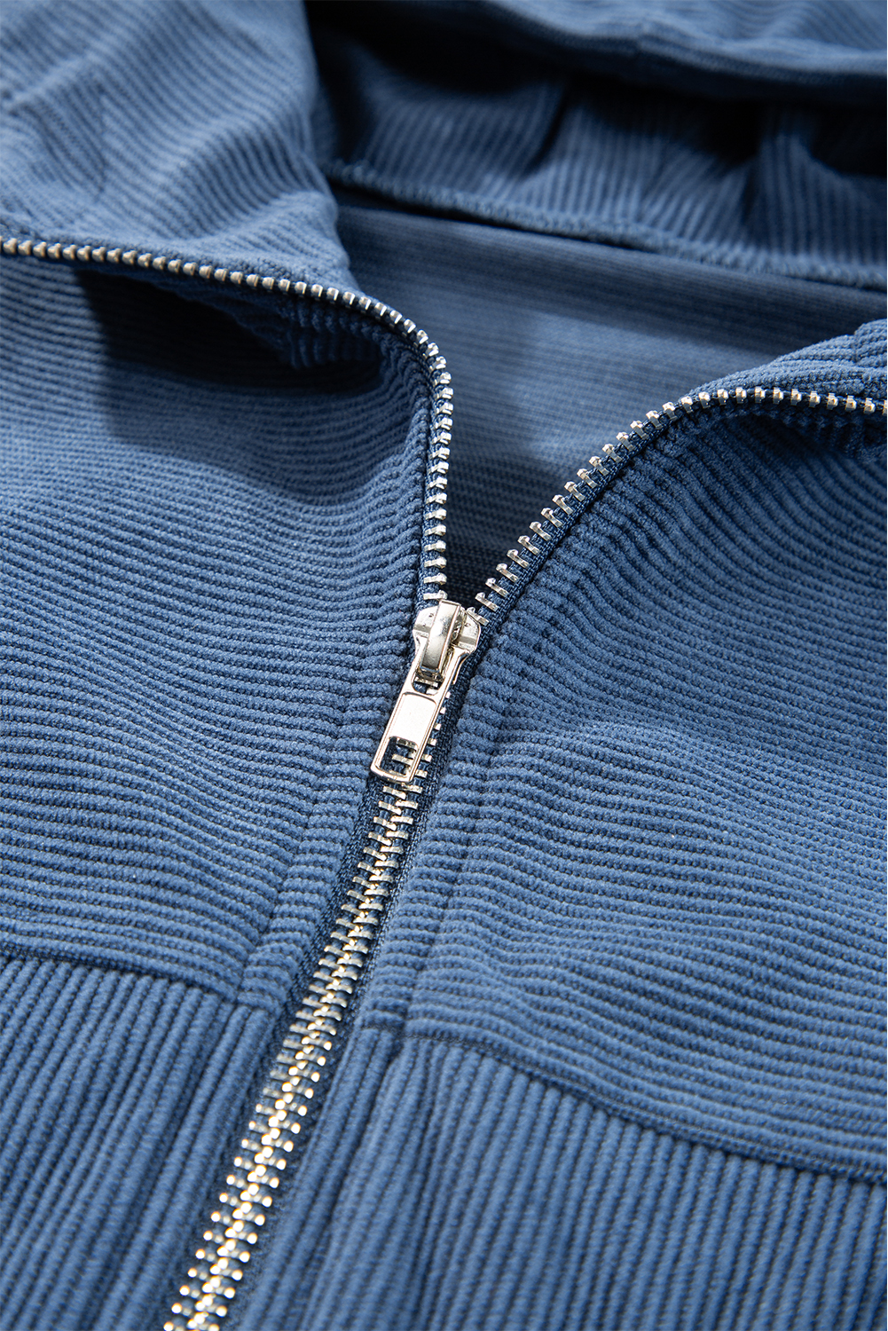 Stylish Long Sleeve Corduroy Jacket: Real Teal with Drawstring Hood - Detail View 12 Stylish Long Sleeve Corduroy Jacket: Real Teal with Drawstring Hood - Detail View 12