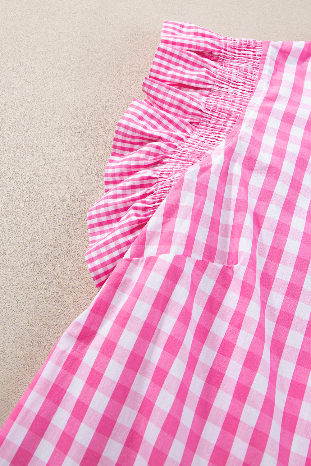 Women's Blouse, Rose Red, Checkered Print, Ruffled Sleeves, Frilled Neck, Chic Style, Feminine, Casual, Dressy, 100% Cotton, Summer Season, Daily Wear, Tops, Blouses & Shirts, Plaid Pattern, Elegant Design - Detail View 10 Women's Blouse, Rose Red, Checkered Print, Ruffled Sleeves, Frilled Neck, Chic Style, Feminine, Casual, Dressy, 100% Cotton, Summer Season, Daily Wear, Tops, Blouses & Shirts, Plaid Pattern, Elegant Design - Detail View 10