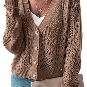 Women's Dark Khaki Open Knit Drop Shoulder Sweater Cardigan - Main View