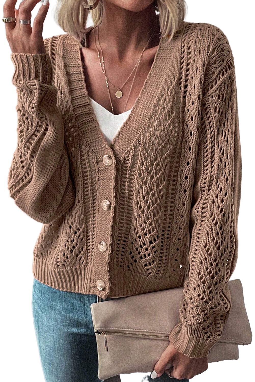Women's Dark Khaki Open Knit Drop Shoulder Sweater Cardigan - Main View Women's Dark Khaki Open Knit Drop Shoulder Sweater Cardigan - Main View