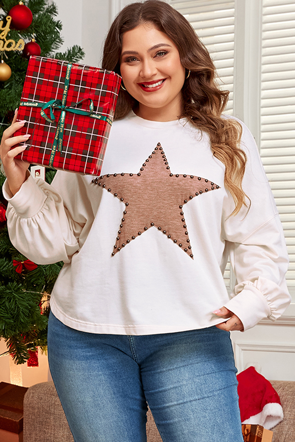 Women's Plus Size T-Shirt, Beige T-Shirt, Studded Star Pattern, Crew Neck, Long Sleeve, Casual, Everyday Wear, Relaxed Fit, Stylish Outfit, Comfortable, Fall Fashion, Tops, Plus Size Tops, Shift Silhouette - Detail View 4 Women's Plus Size T-Shirt, Beige T-Shirt, Studded Star Pattern, Crew Neck, Long Sleeve, Casual, Everyday Wear, Relaxed Fit, Stylish Outfit, Comfortable, Fall Fashion, Tops, Plus Size Tops, Shift Silhouette - Detail View 4