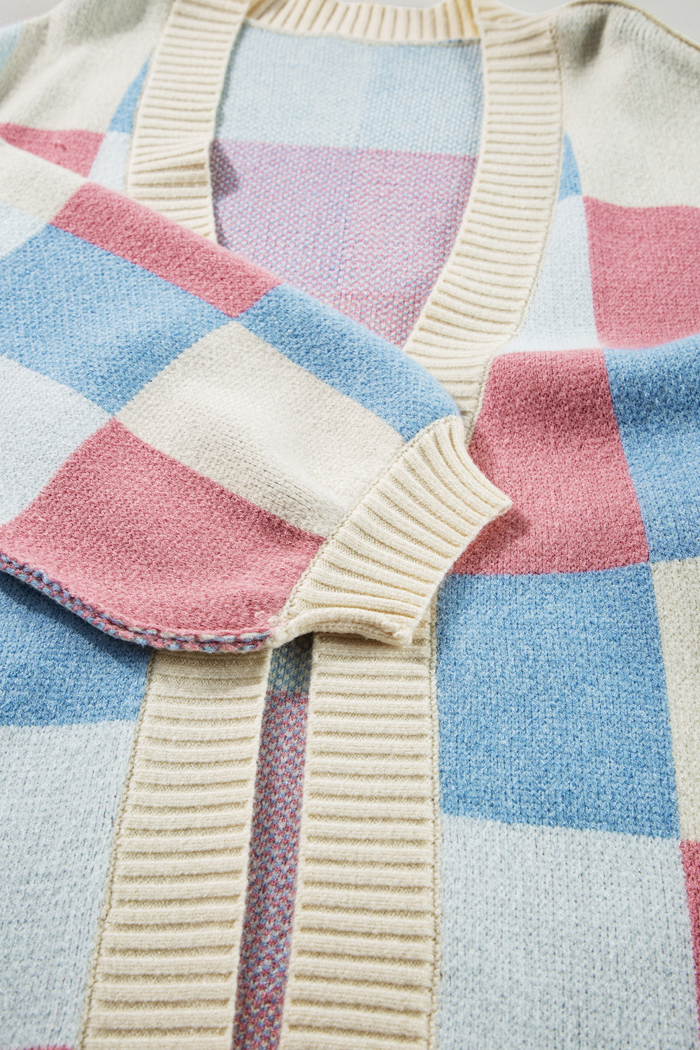Women 's Cardigan, Light Blue, Checkered Pattern, Drop Shoulder, Exposed Seams, Open Front, Comfortable, Versatile, Timeless, Cozy, Knitwear, Sweaters & Cardigans - Detail View 10 Women 's Cardigan, Light Blue, Checkered Pattern, Drop Shoulder, Exposed Seams, Open Front, Comfortable, Versatile, Timeless, Cozy, Knitwear, Sweaters & Cardigans - Detail View 10