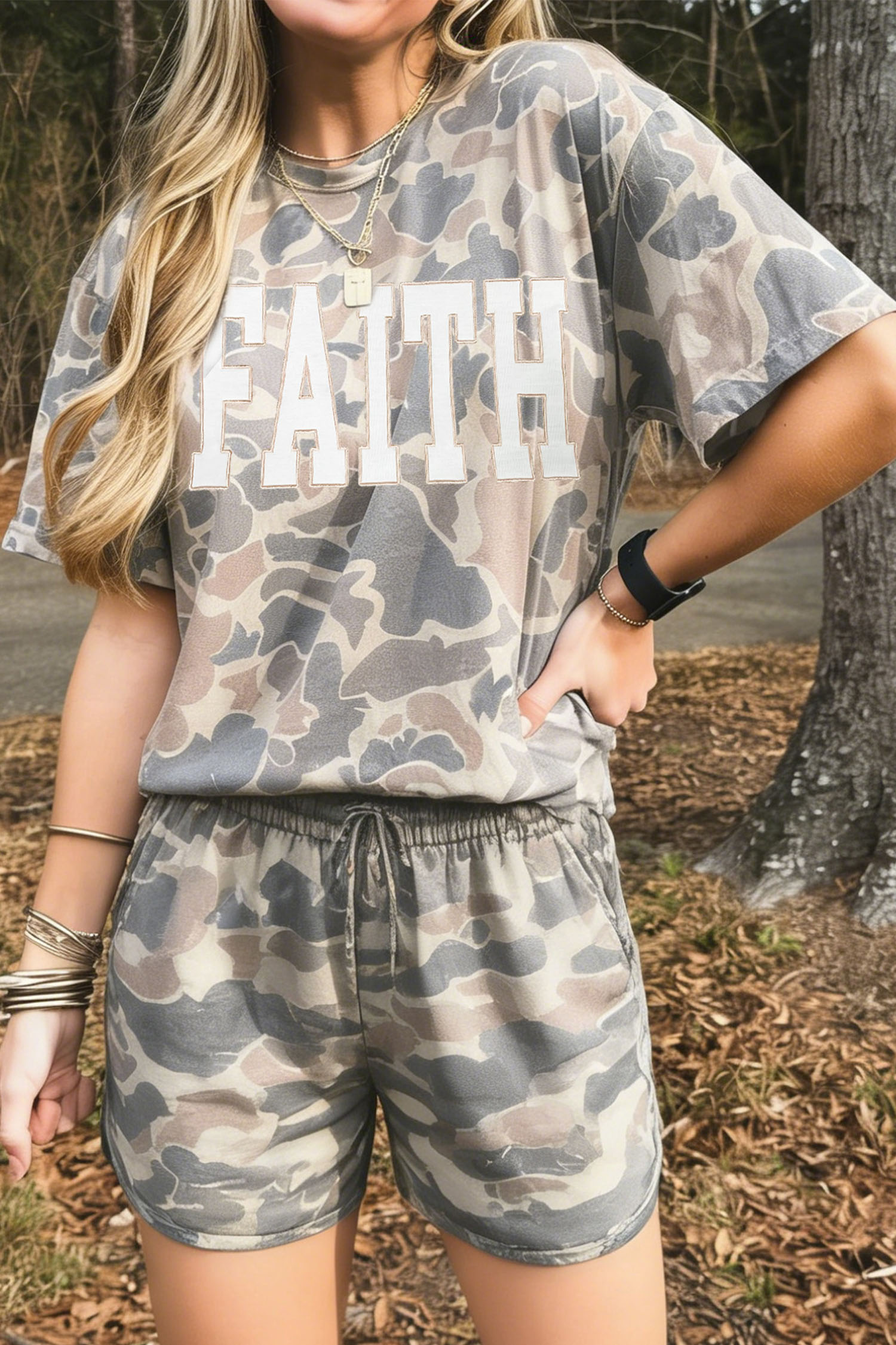 Women's Camouflage 2 Piece Set, Faith Letter Tee - Detail View 5 Women's Camouflage 2 Piece Set, Faith Letter Tee - Detail View 5